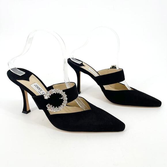 Jimmy Choo Black Suede Marta 90 Crystal Embellished Pointed Toe Mule Heel IT 40 - Picture 1 of 11